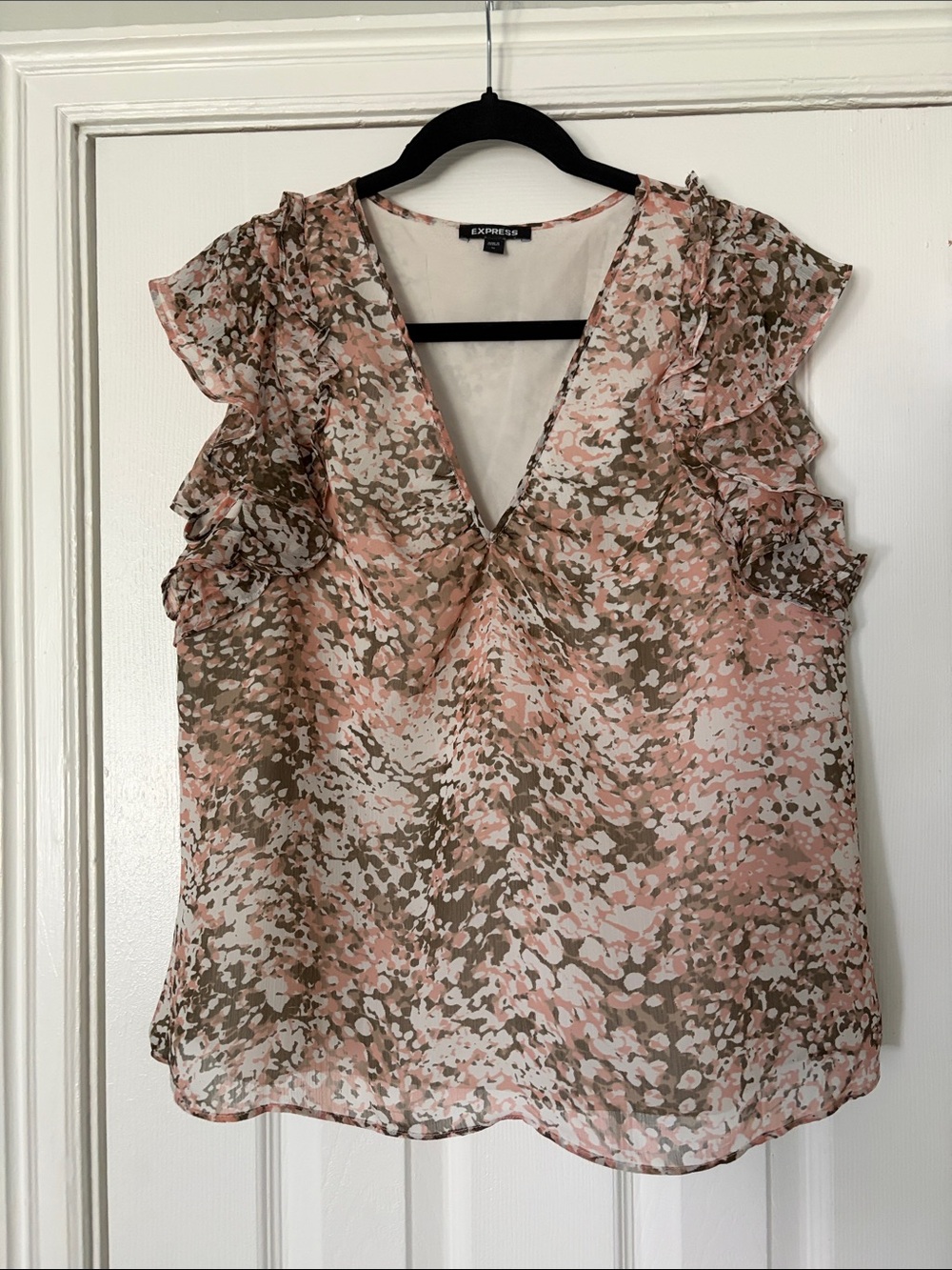 Express Pink and Brown Ruffled V-Neck Sleeveless Blouse